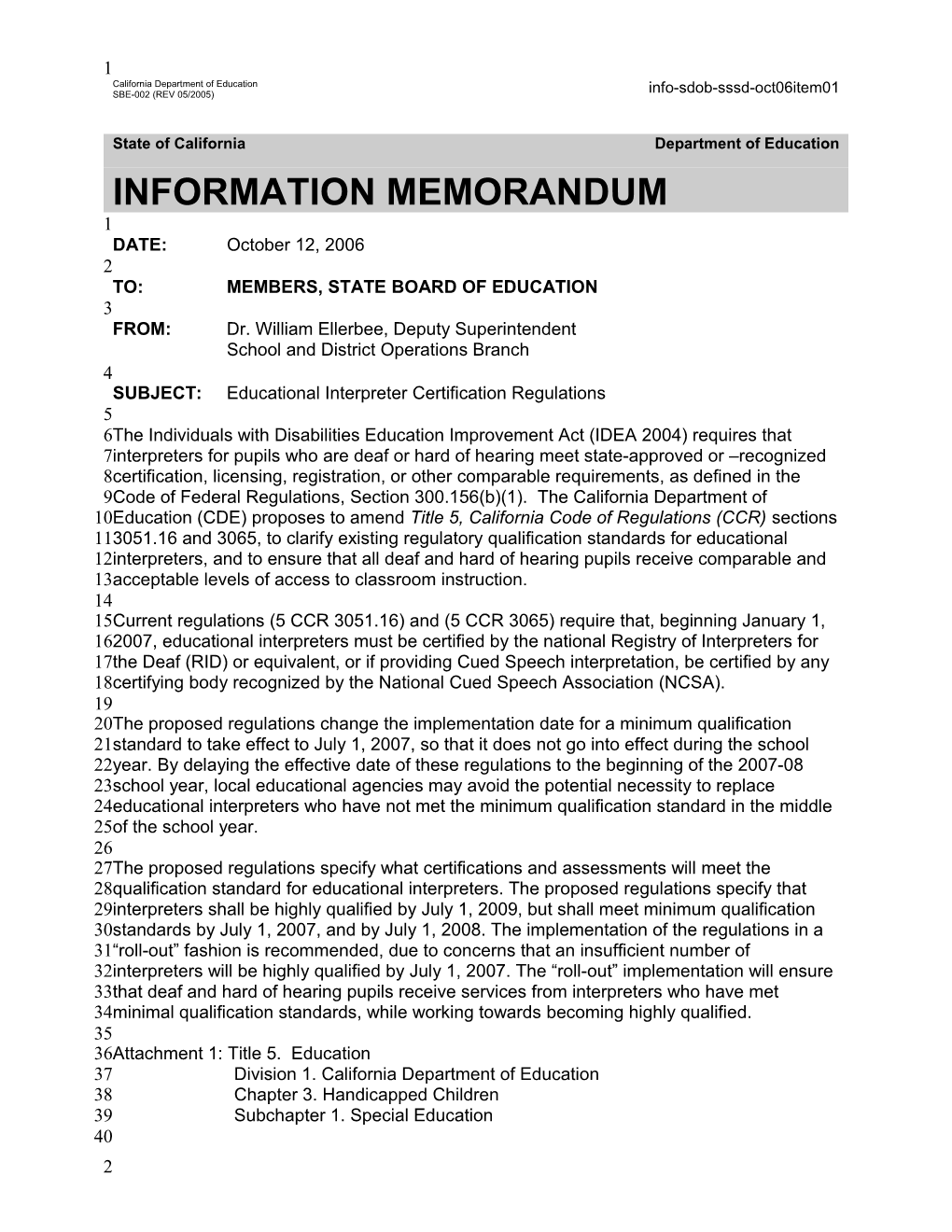 October 2006 SSSD Item 01 - Information Memorandum (CA State Board of Education)