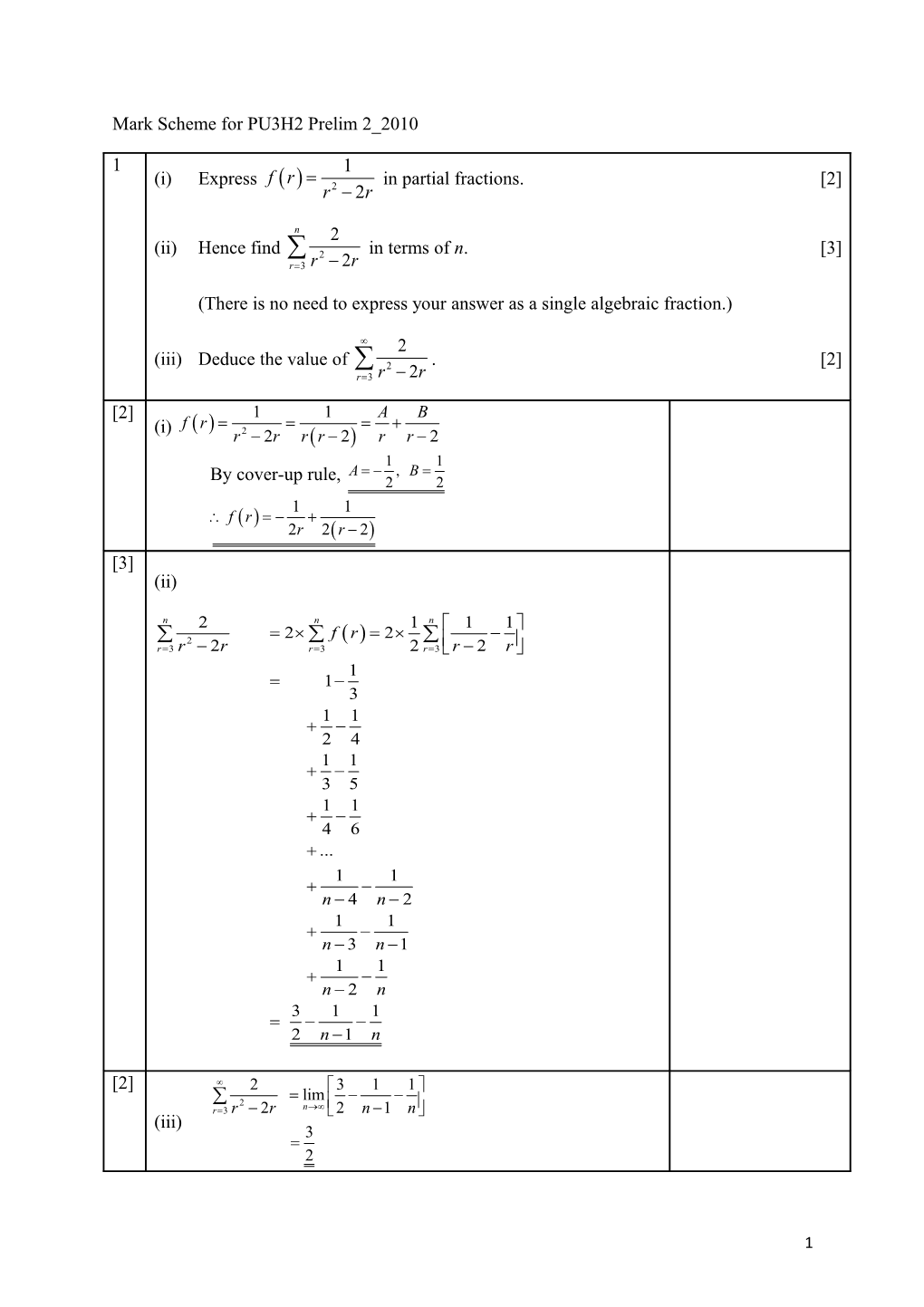 Mark Scheme for PU3H2 Prelim 2 2010