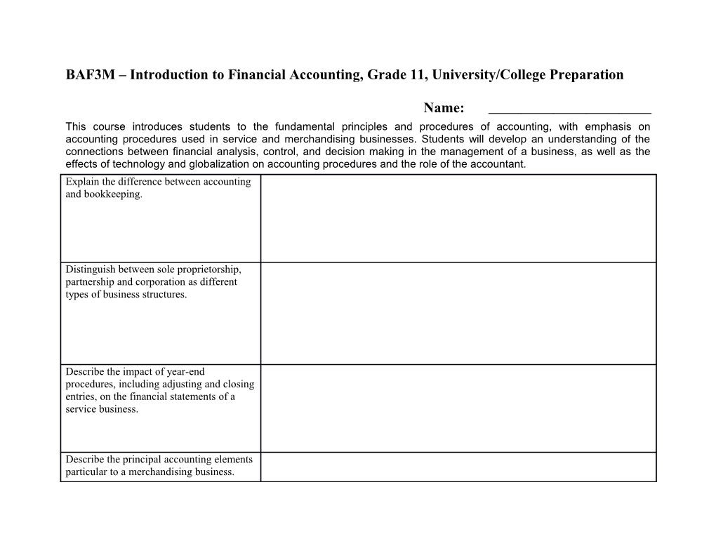 BAF3M Introduction to Financial Accounting, Grade 11, University/College Preparation