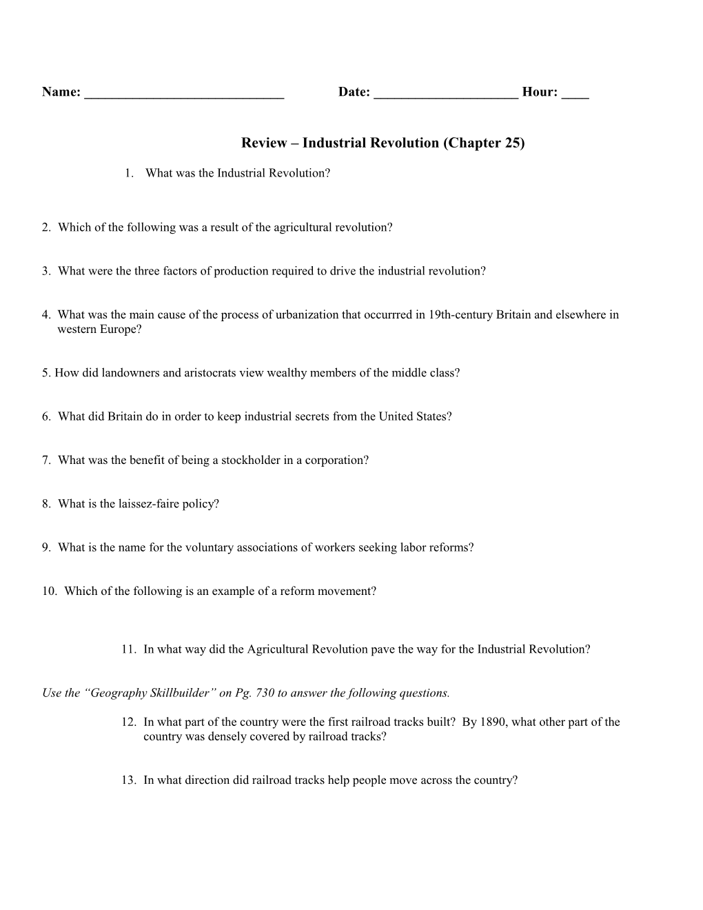 Review Industrial Revolution (Chapter 25)
