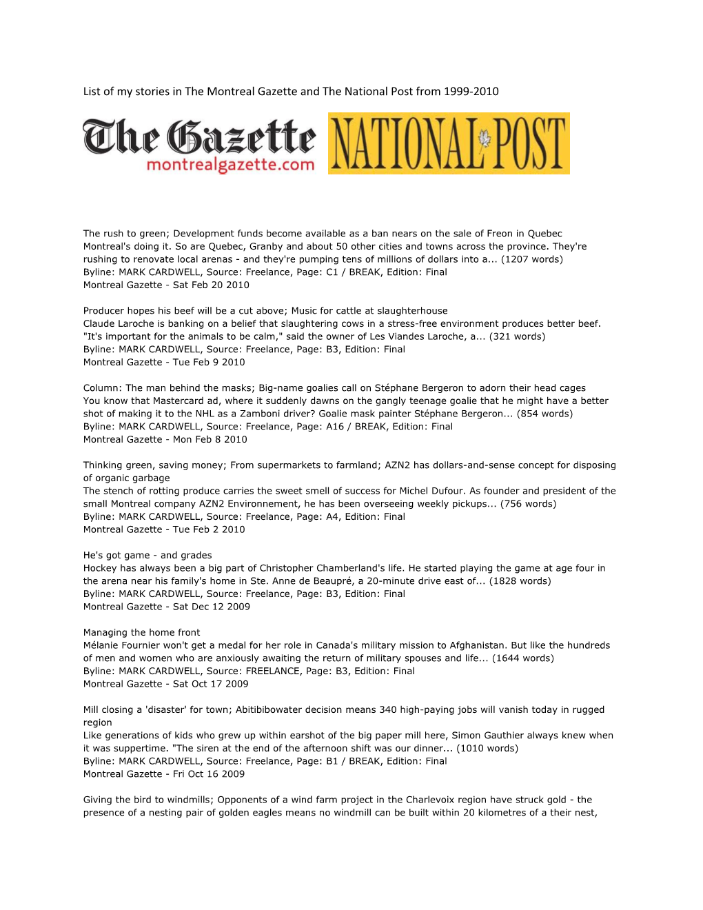 List of My Stories in the Montreal Gazette and the National Post from 1999-2010