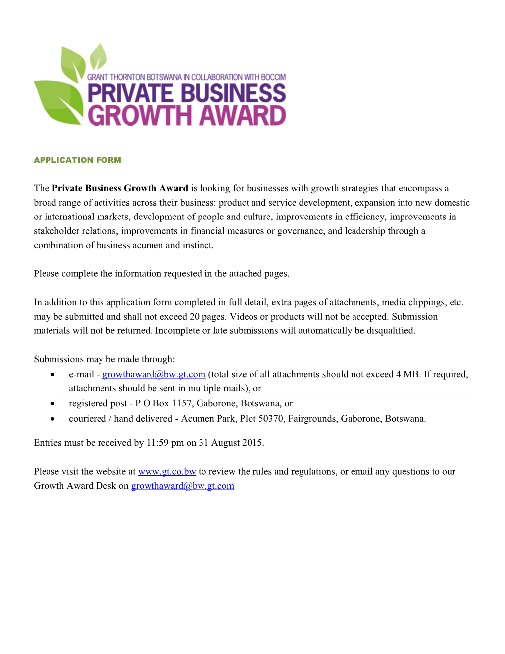 The Private Business Growth Award Application Package Page 1 of 8