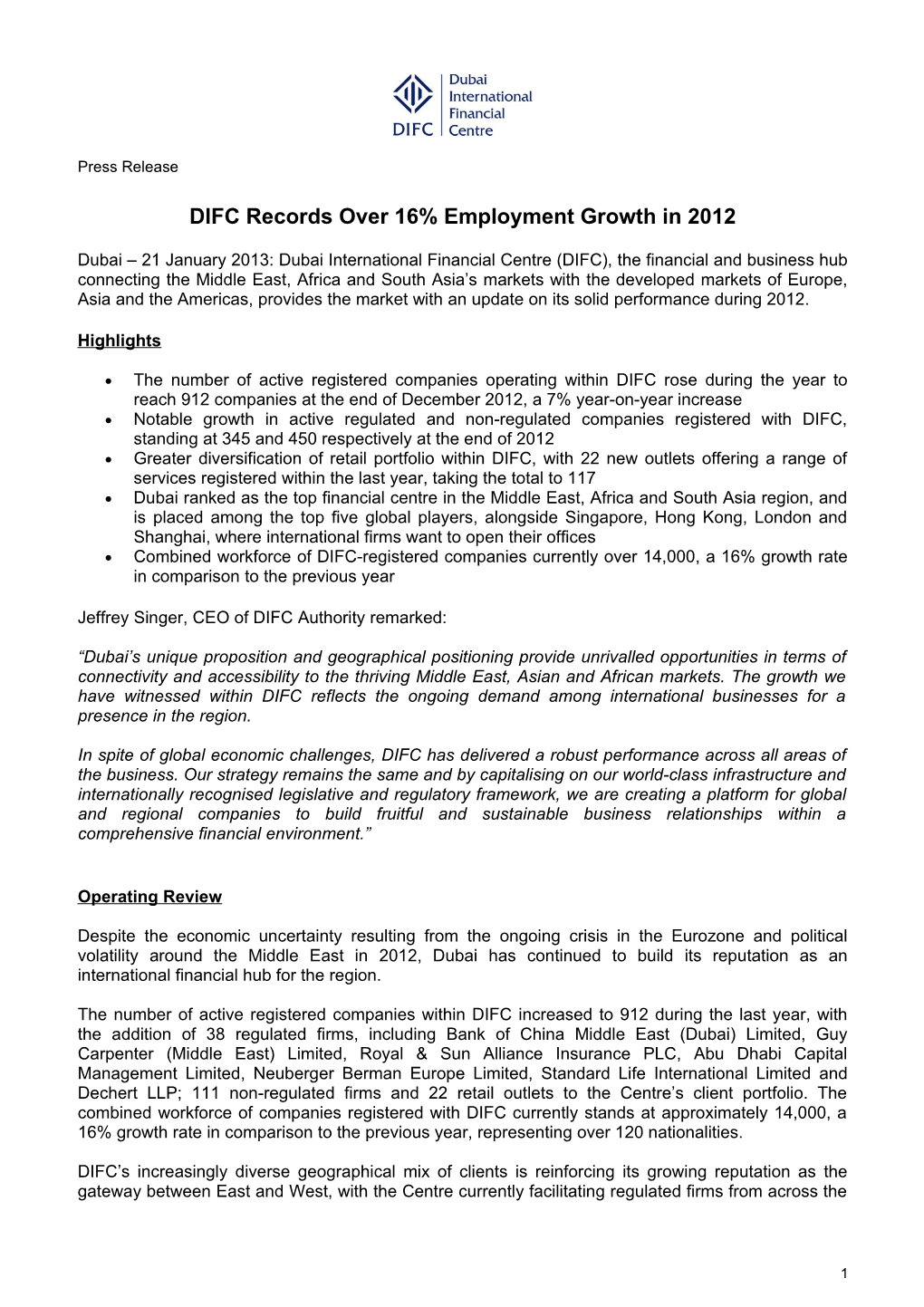 DIFC Records Over 16% Employment Growth in 2012