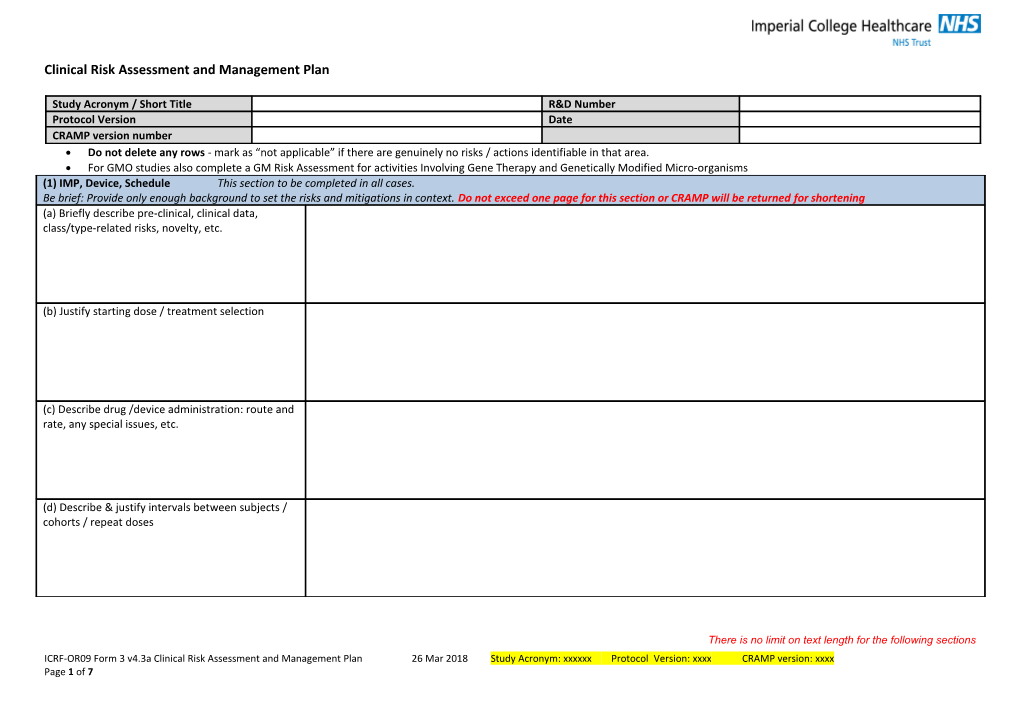 Clinical Risk Assessment and Management Plan