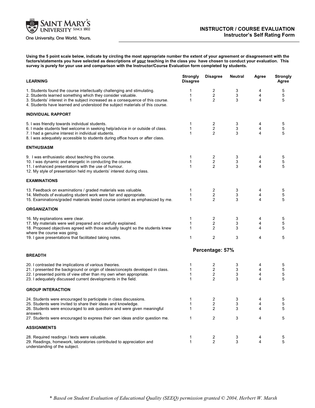 Student Evaluation of Educational Quality (SEEQ)