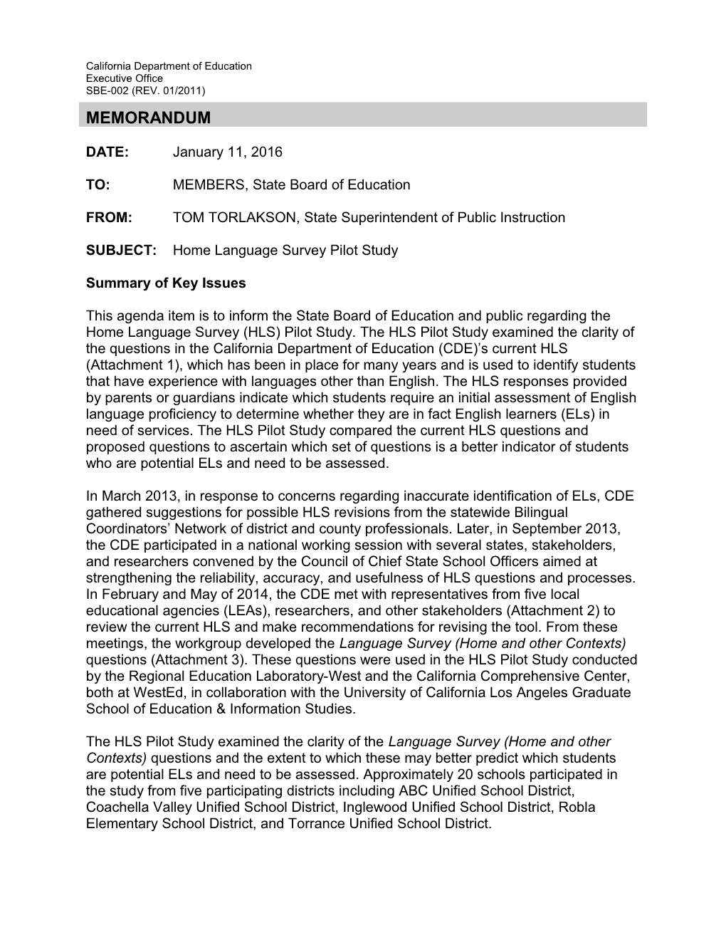 February 2016 Memo ELSD Item 01 - Information Memorandum (CA State Board of Education)