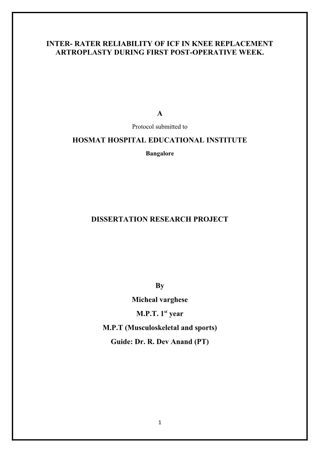 Inter- Rater Reliability of Icf in Knee Replacement Artroplasty During First Post-Operative