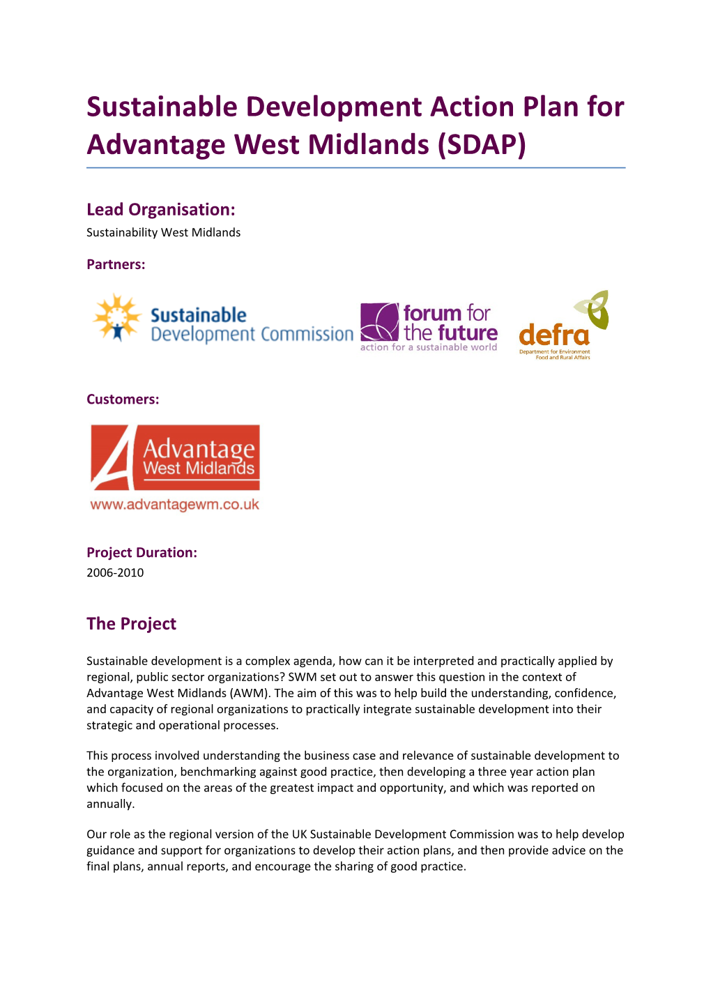 Sustainable Development Action Plan for Advantage West Midlands (SDAP)