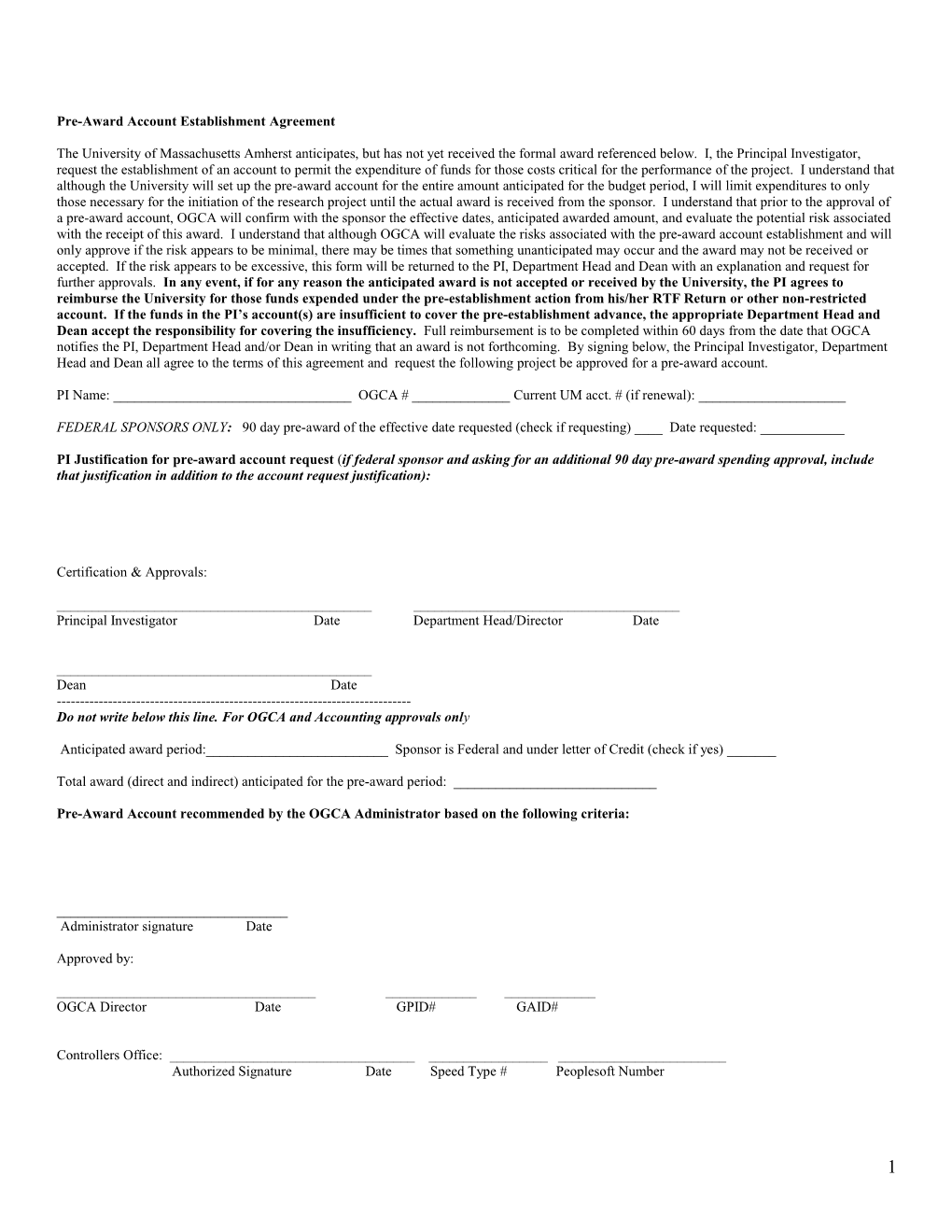 Pre-Award Account Establishment Agreement