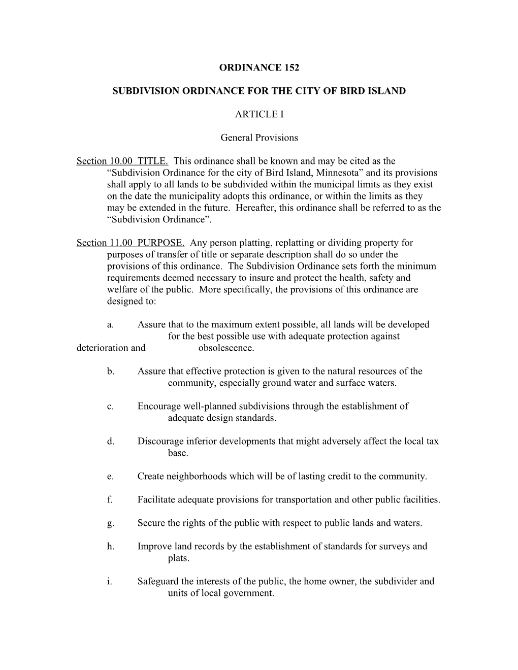 Subdivision Ordinance for the City of Birdisland