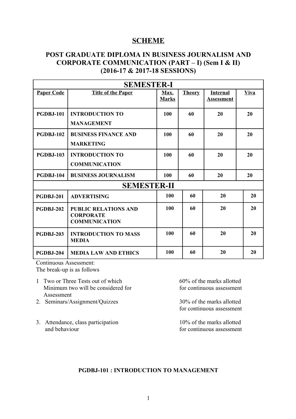 POST GRADUATE DIPLOMA in BUSINESS JOURNALISM and CORPORATE COMMUNICATION (PART I) (Sem I & II)