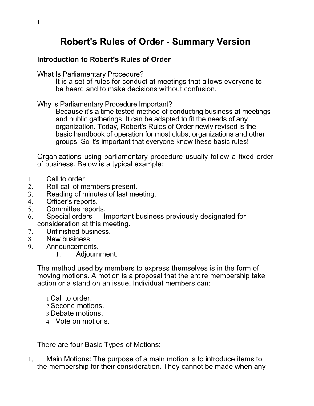 Robert's Rules of Order - Summary Version