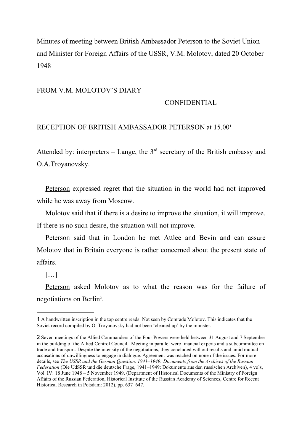 1948-10-20 Peterson Molotov Meeting Minutes