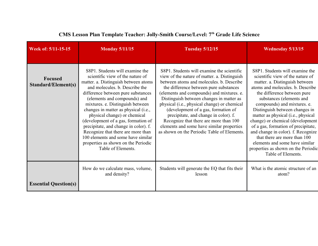 CMS Lesson Plan Template Teacher: Jolly-Smith Course/Level: 7Th Grade Life Science