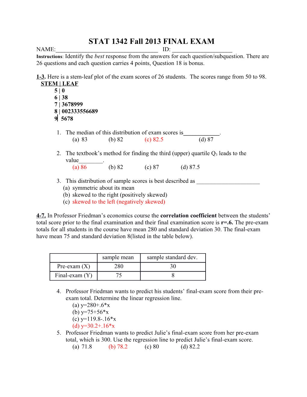 STAT 1342 Fall 2013 FINAL EXAM