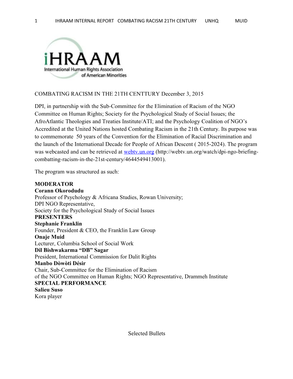 1 Ihraam Internal Report Combating Racism 21Th Century Unhq Muid