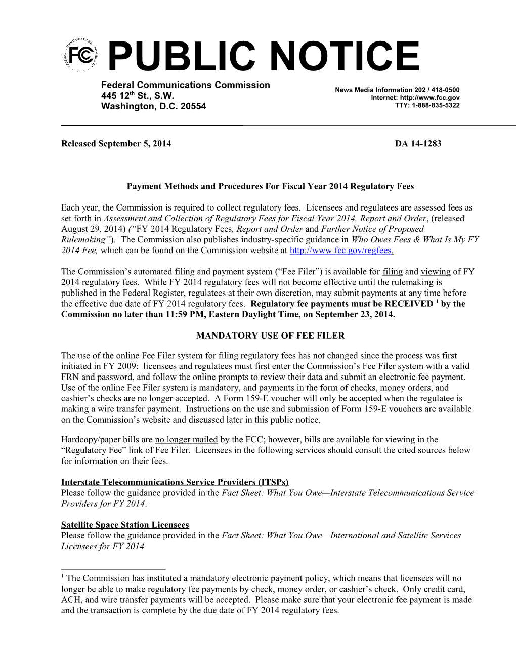 Payment Methods and Procedures for Fiscal Year 2014 Regulatory Fees