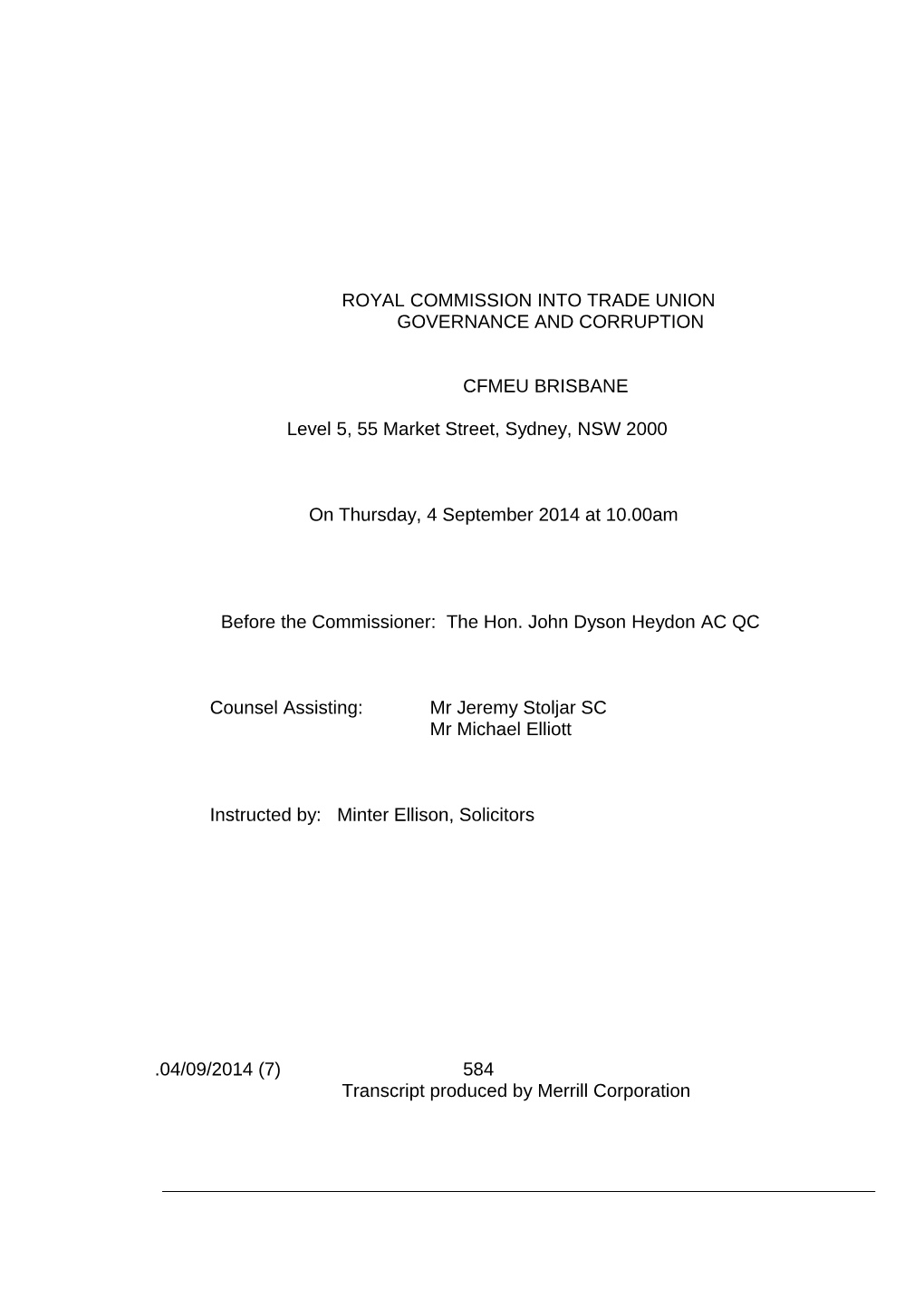 Royal Commission Into Trade Union Governance and Corruption CFMEU Brisbane 4 September 2014