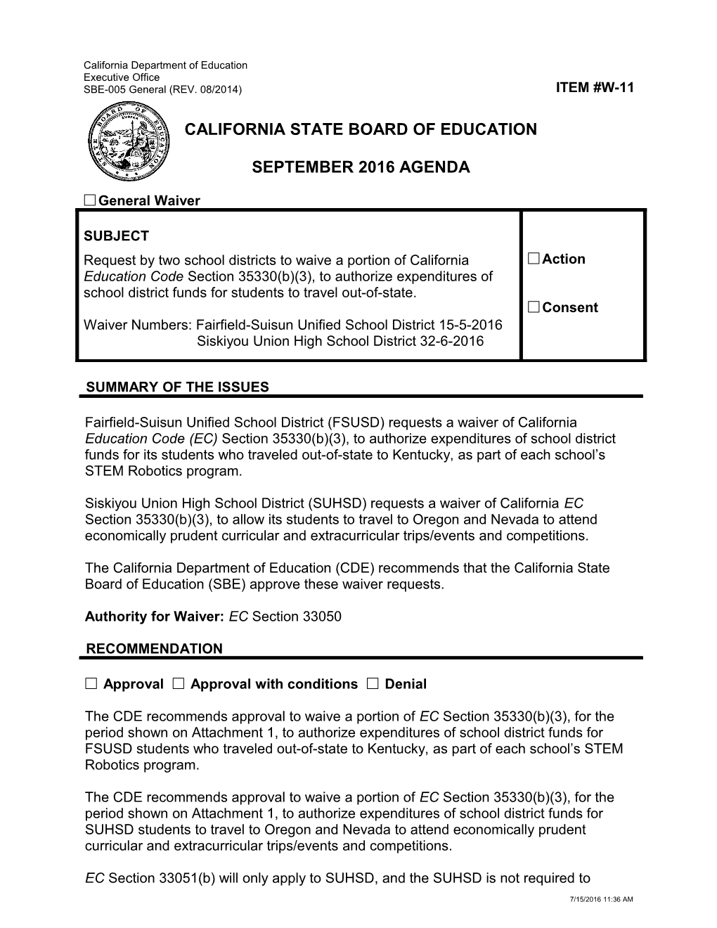 September 2016 Waiver Item W-11 - Meeting Agendas (CA State Board of Education)