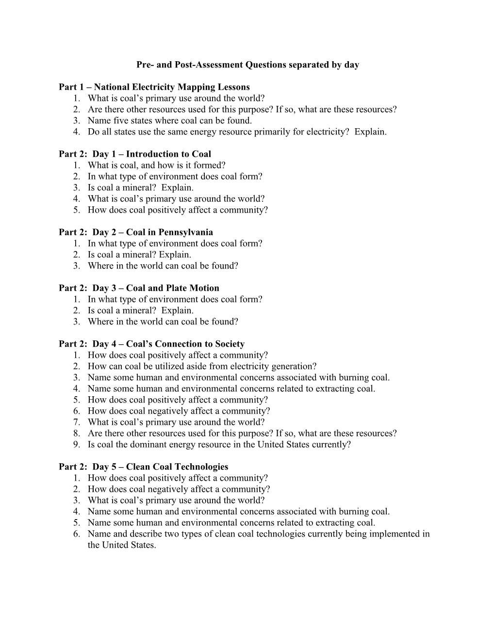 Pre- and Post-Assessment Questions Separated by Day