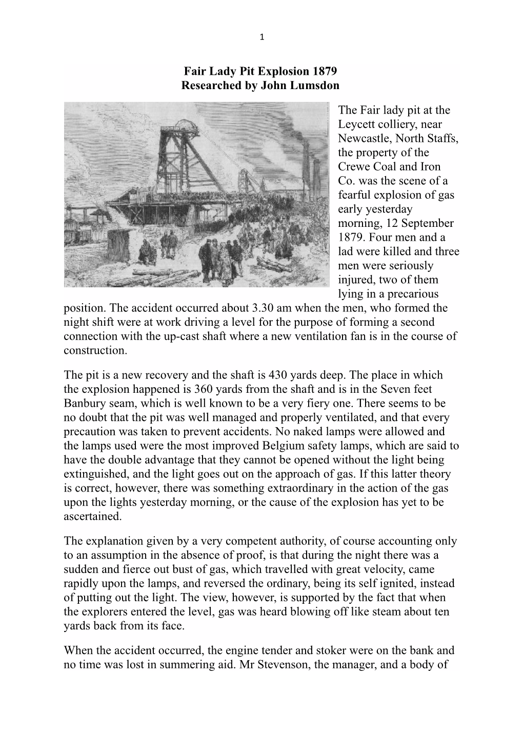Fair Lady Pit Explosion 1879 Researched by John Lumsdon