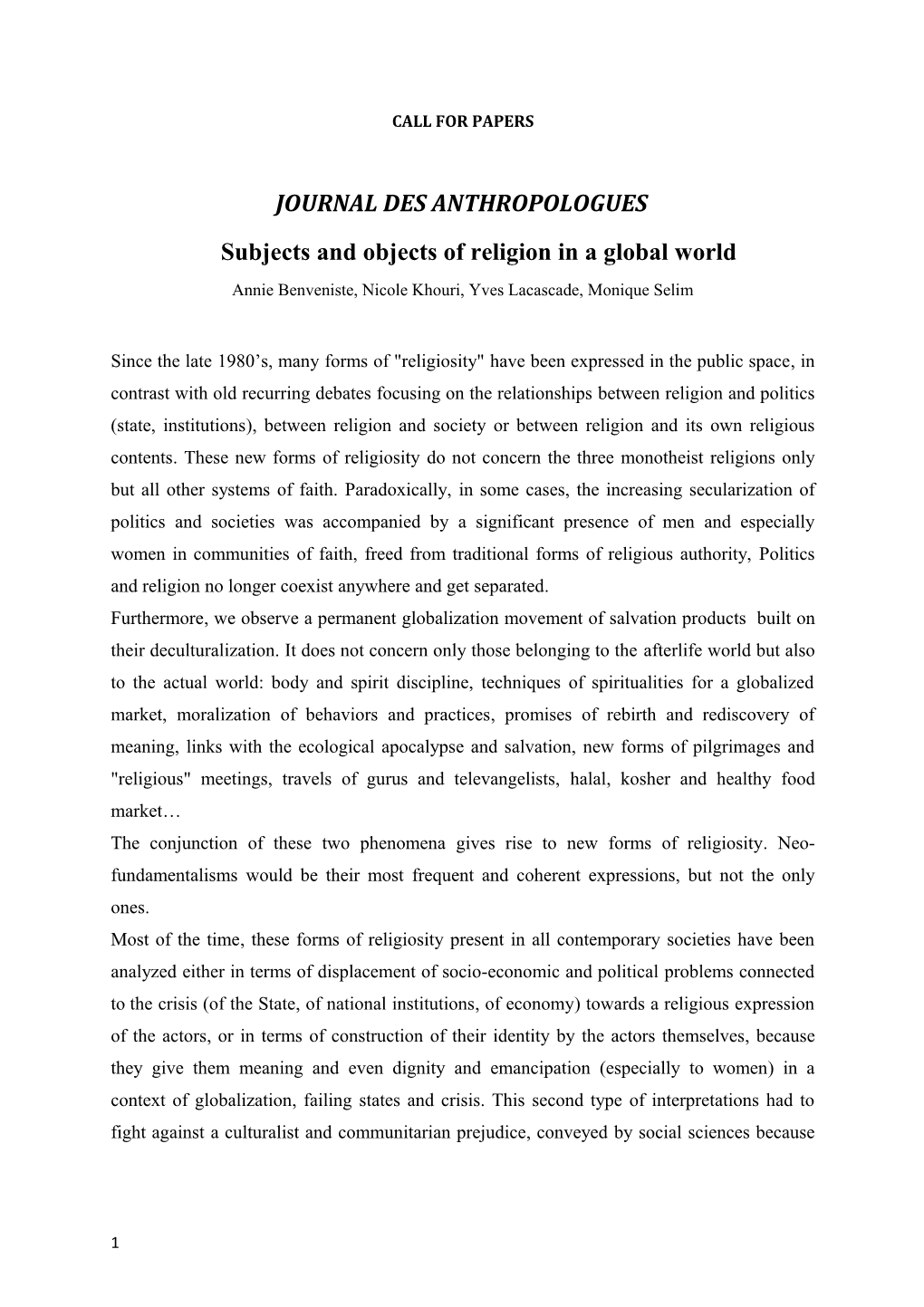 Subjects and Objects of Religion in a Global World