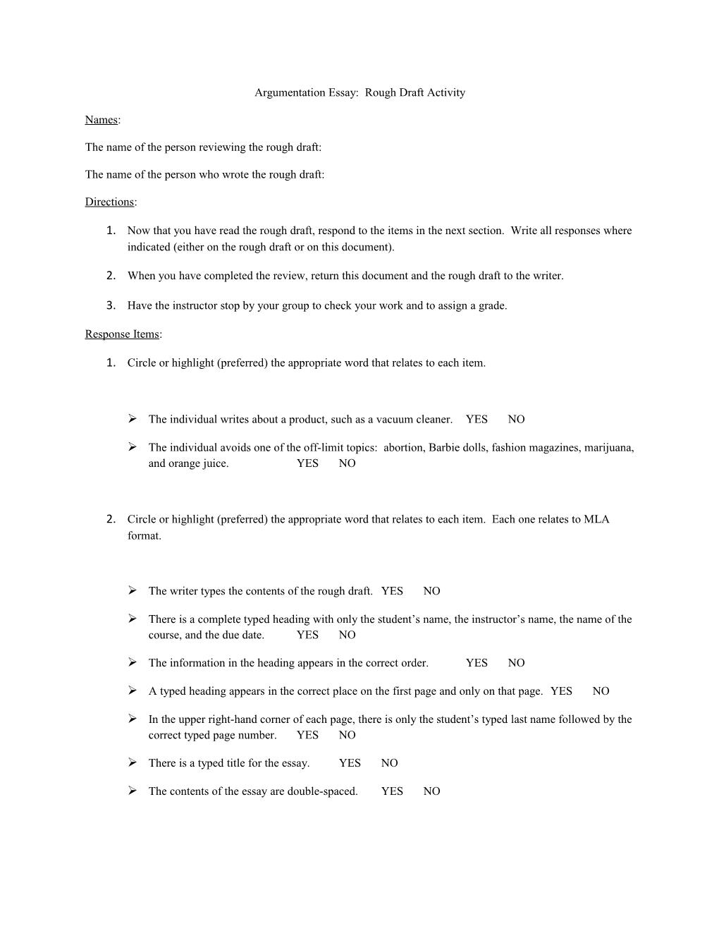 Argumentation Essay: Rough Draft Activity