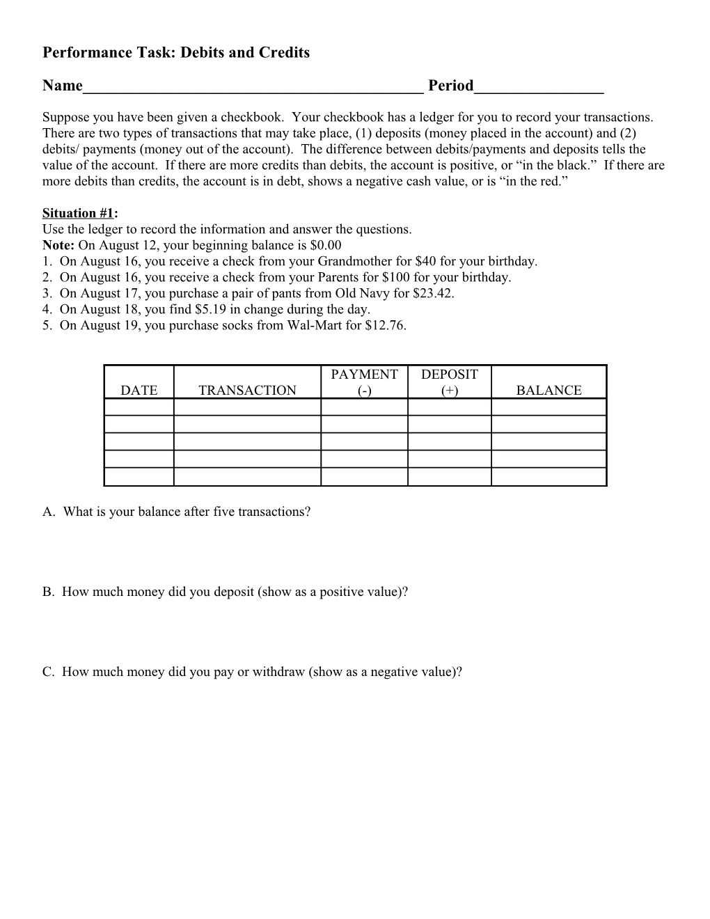 Performance Task: Debits and Credits