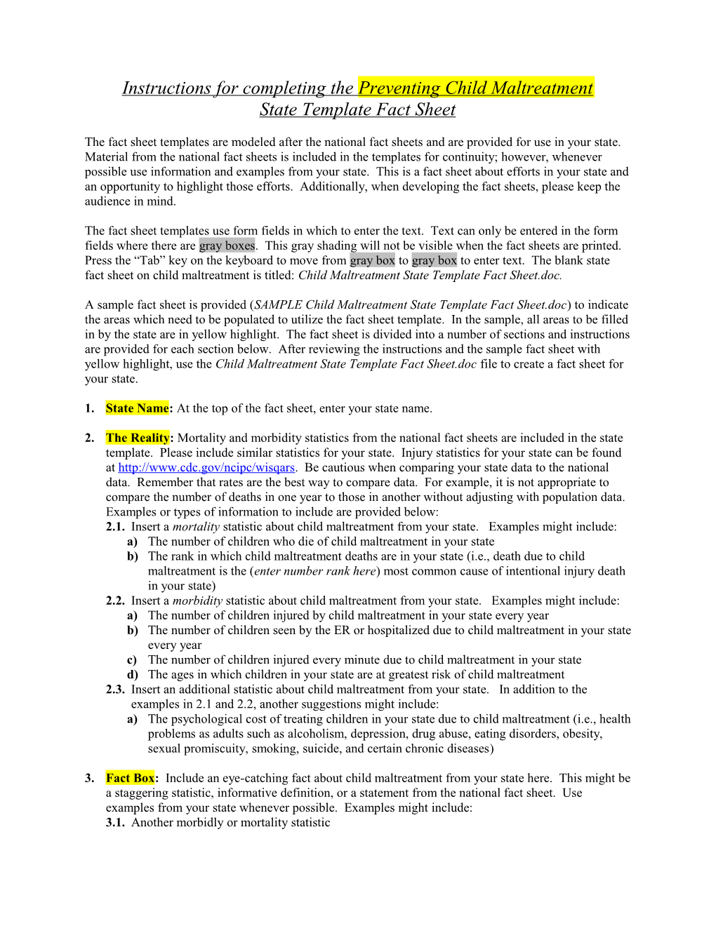 SAMPLE Instructions for Completing the State Template Fact Sheets