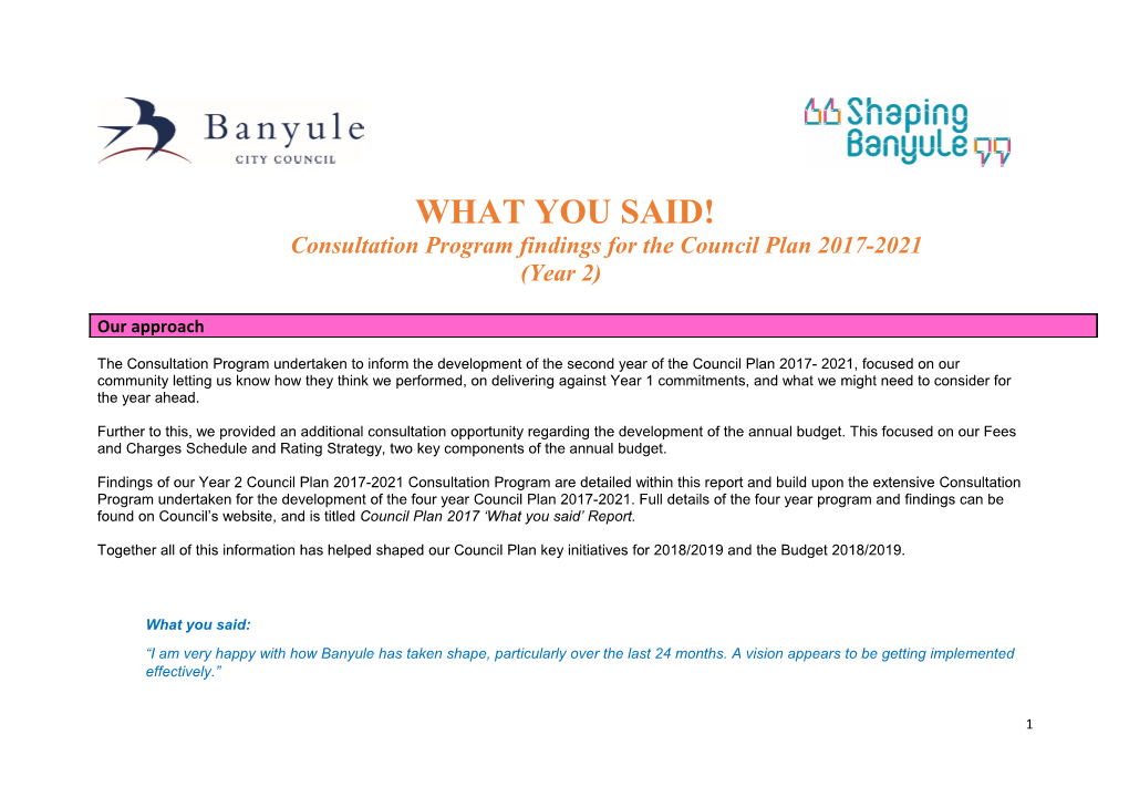 Consultation Program Findings for the Council Plan 2017-2021