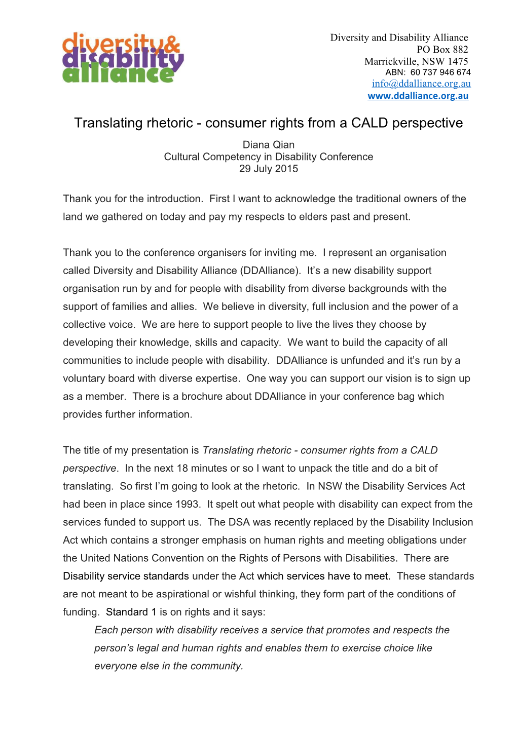 Translating Rhetoric - Consumer Rights from a CALD Perspective