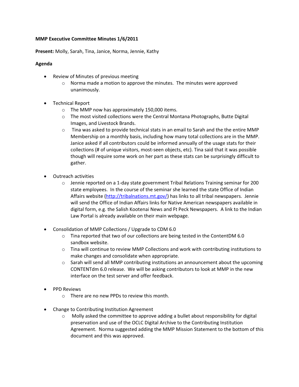 MMP Executive Committee Minutes 1/6/2011
