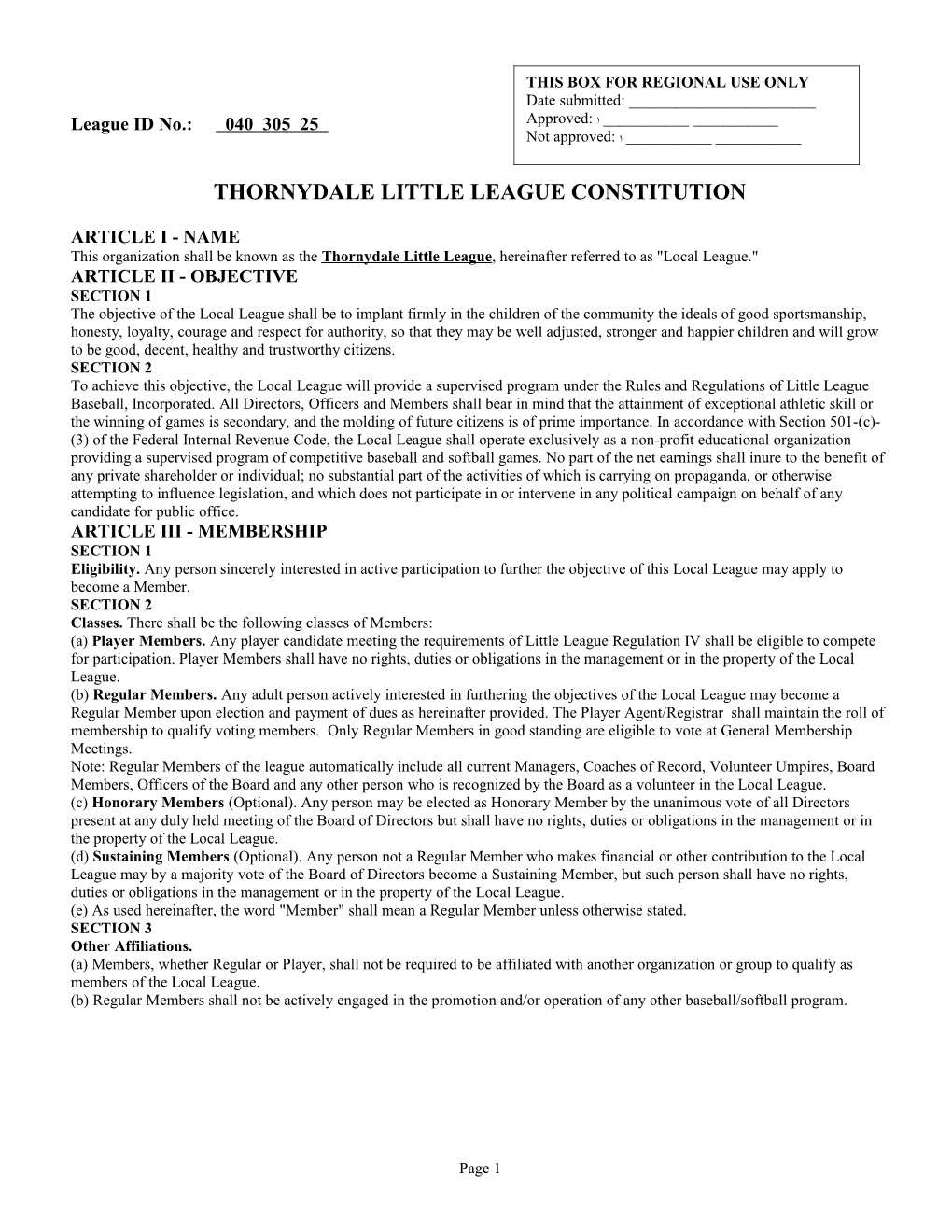 Thornydale Little League Constitution
