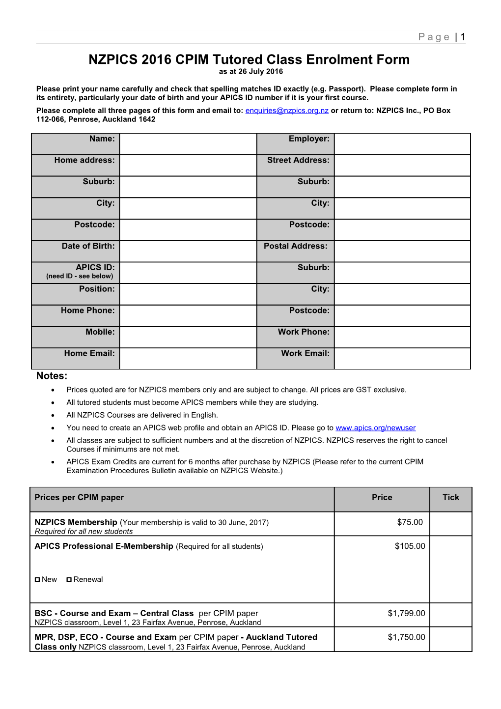 Nzpics Course Enrolment Form