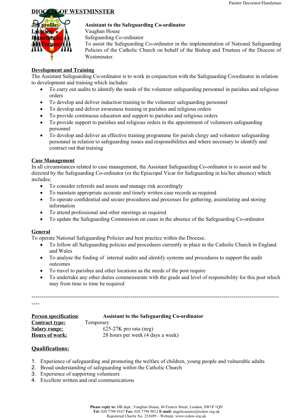 Job Profile:Assistant to the Safeguarding Co-Ordinator