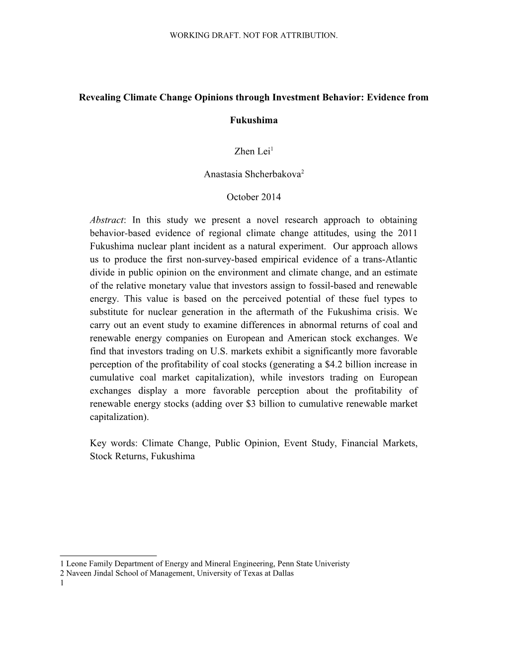 Revealing Climate Changeopinions Throughinvestmentbehavior:Evidence from Fukushima