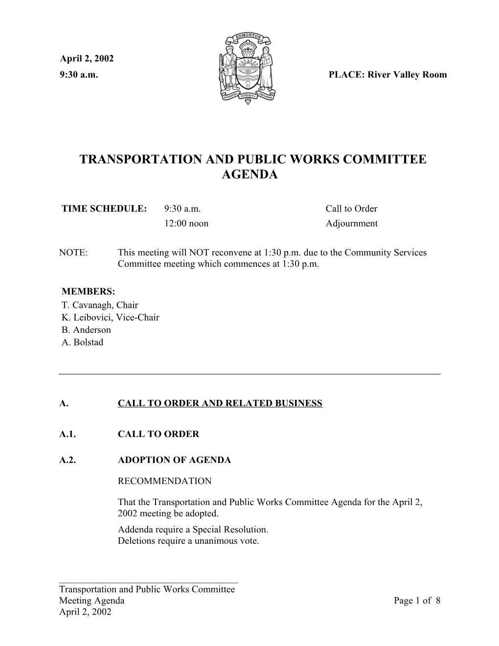 Agenda for Transportation and Public Works Committee April 2, 2002 Meeting