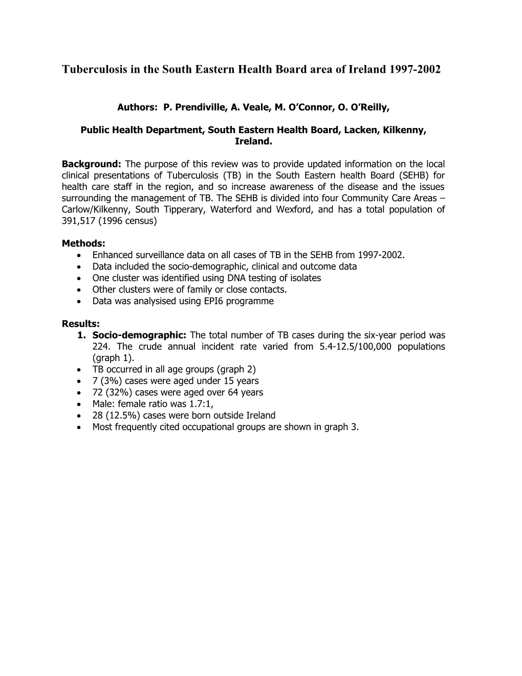 Tuberculosis in the South Eastern Health Board Area of Ireland 1997-2002