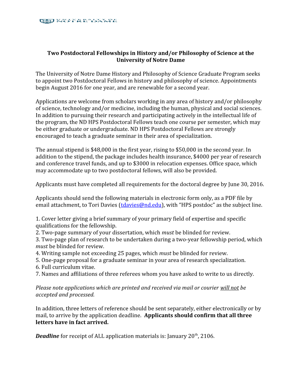Two Postdoctoral Fellowships in History And/Or Philosophy of Science at the University
