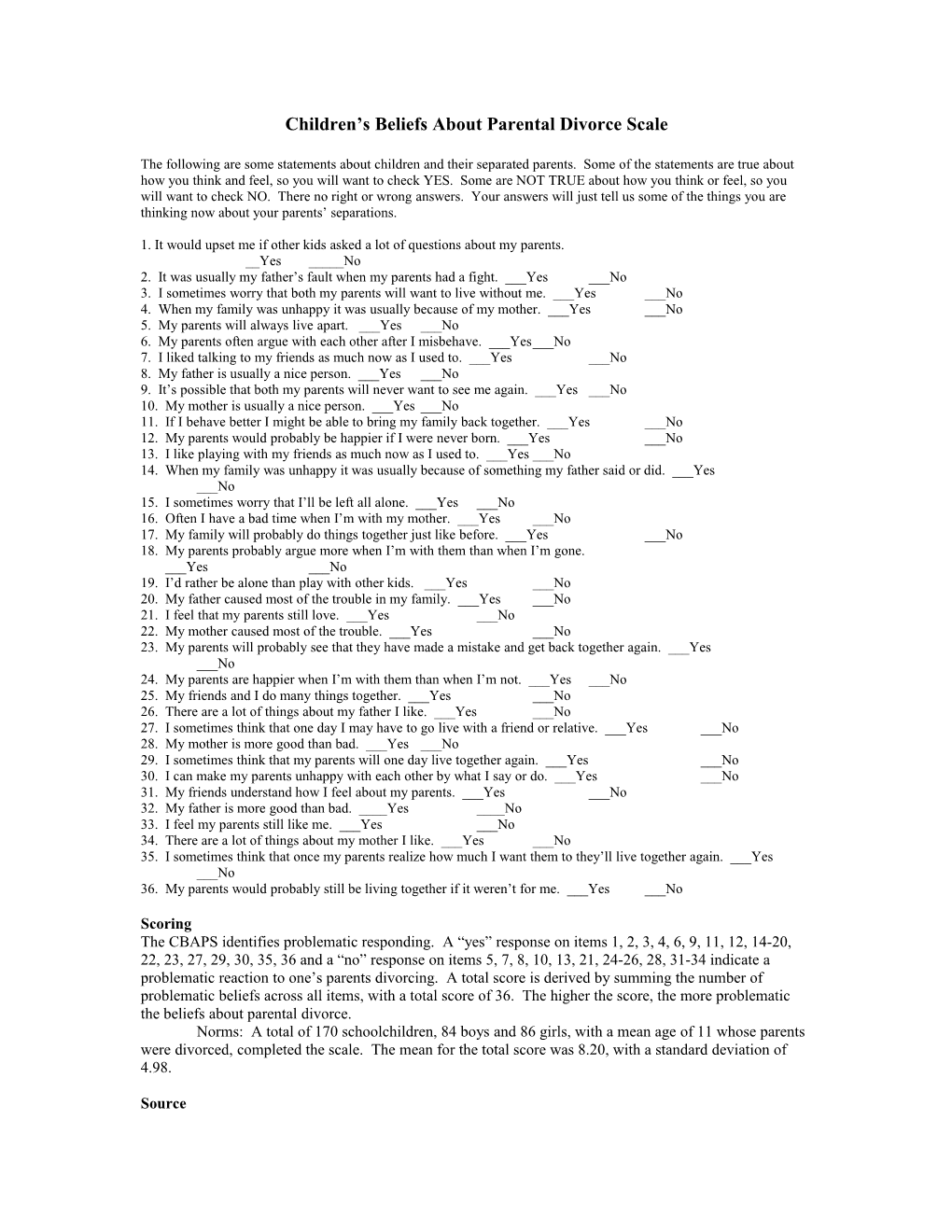 Children S Beliefs About Parental Divorce Scale