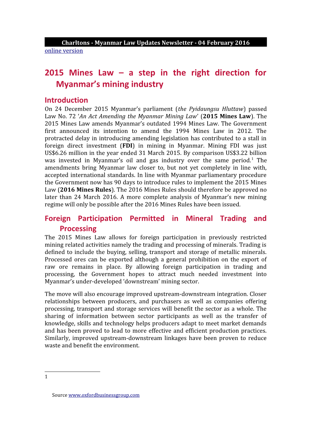 Charltons - Myanmar Law Updates Newsletter - 04 February 2016