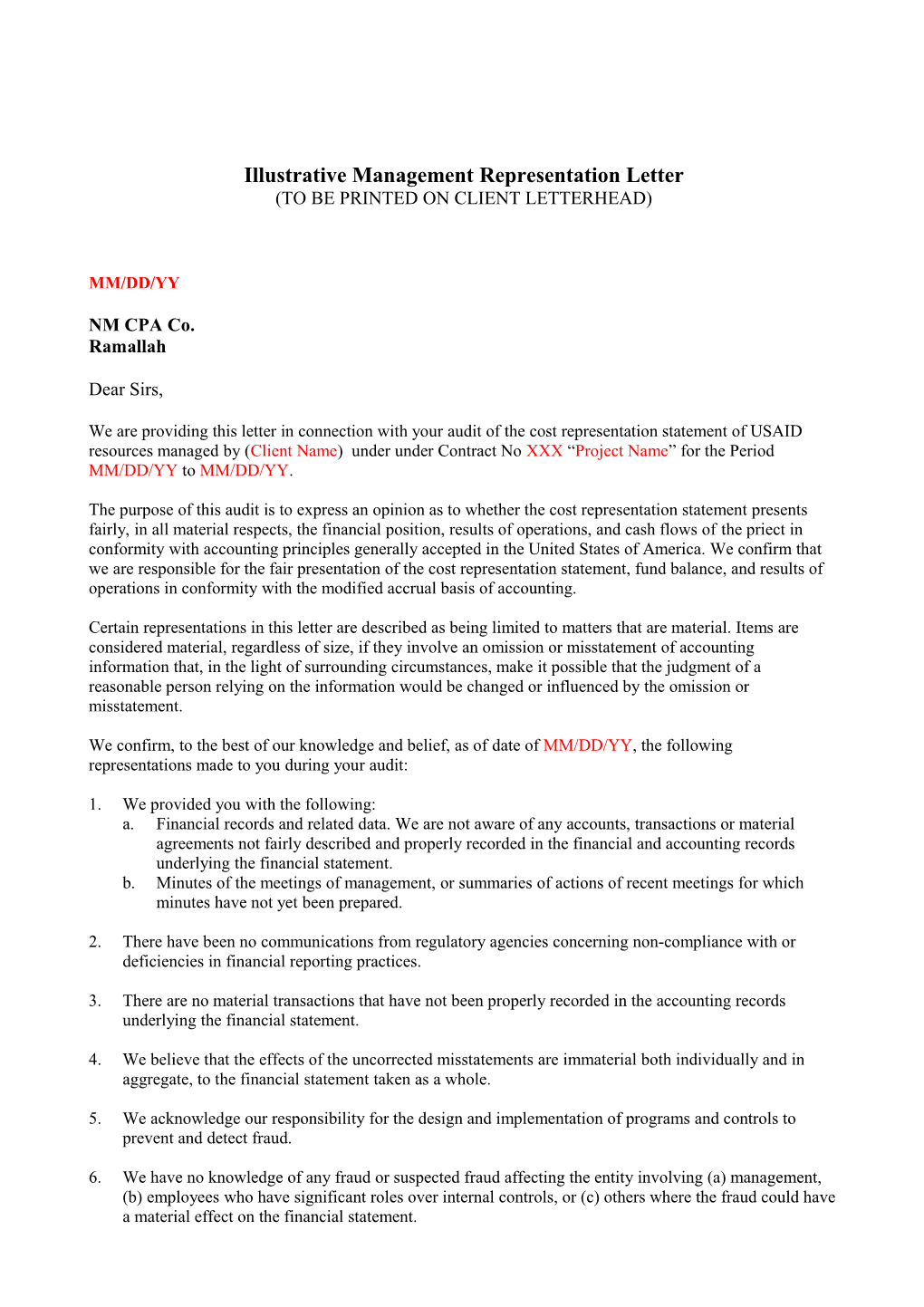 Illustrative Management Representation Letter