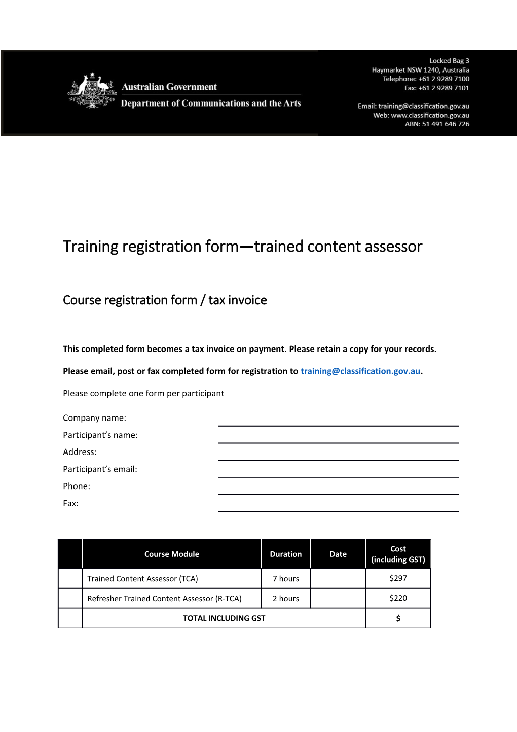 Training Registration Form Trained Content Assessor