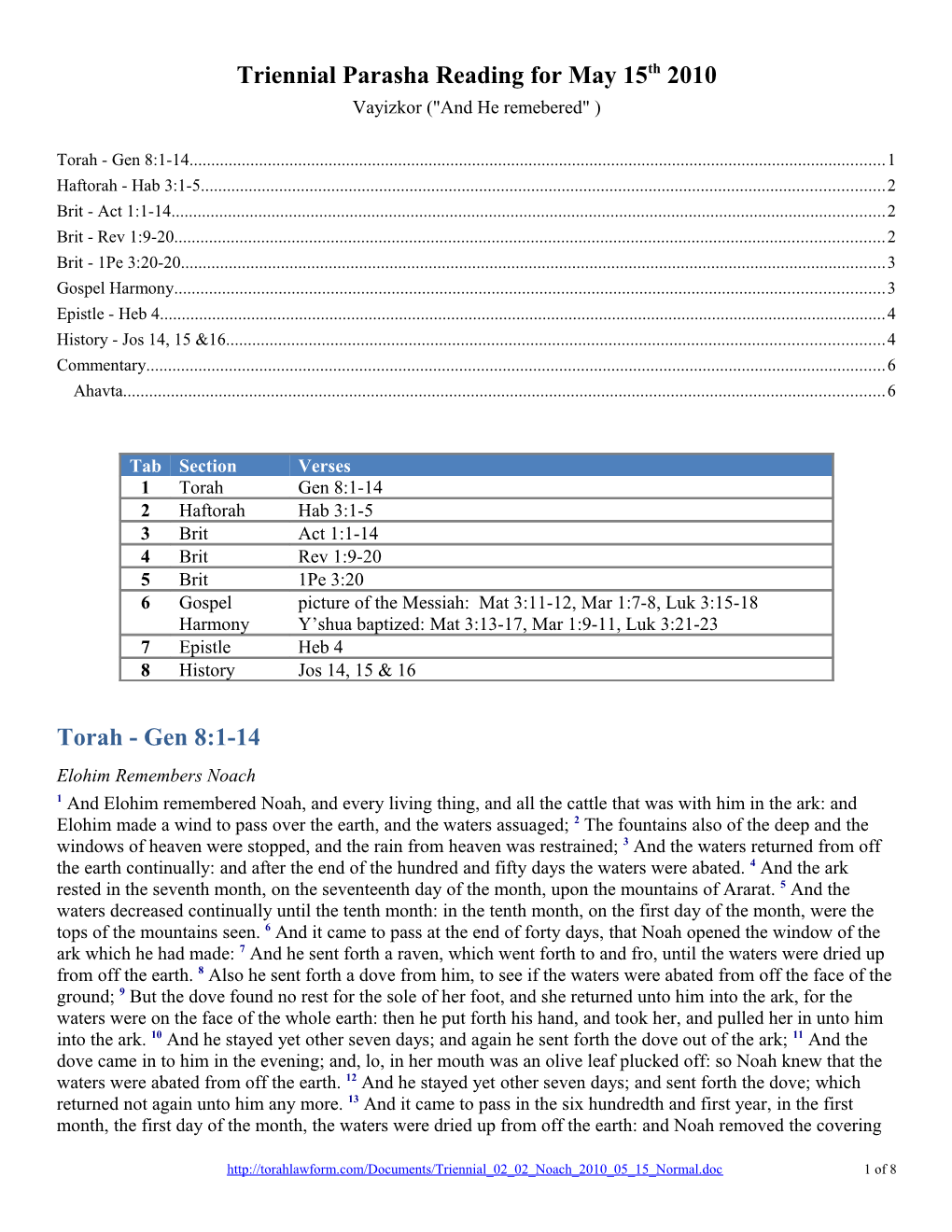 Triennial Parasha Reading for May 15Th 2010