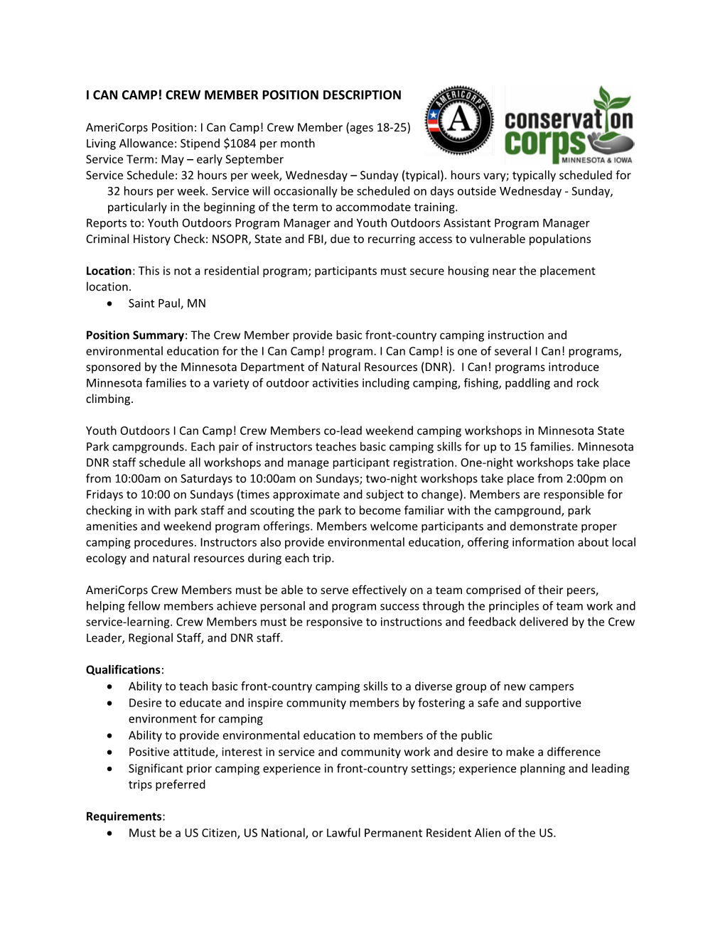 Americorps Position: I Can Camp! Crew Member(Ages 18-25)
