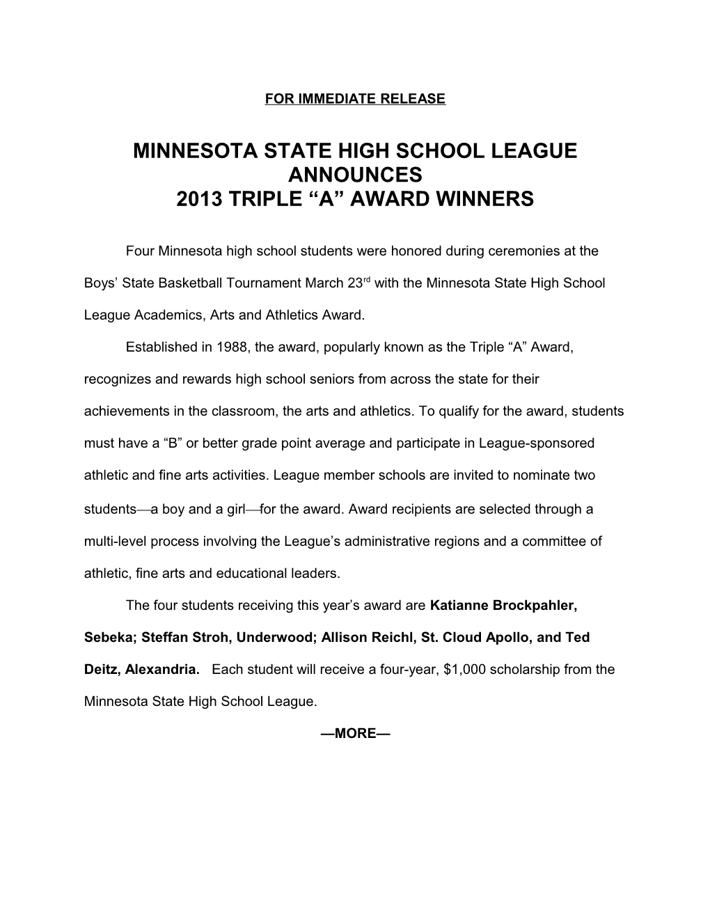 Minnesota State High School League Announces