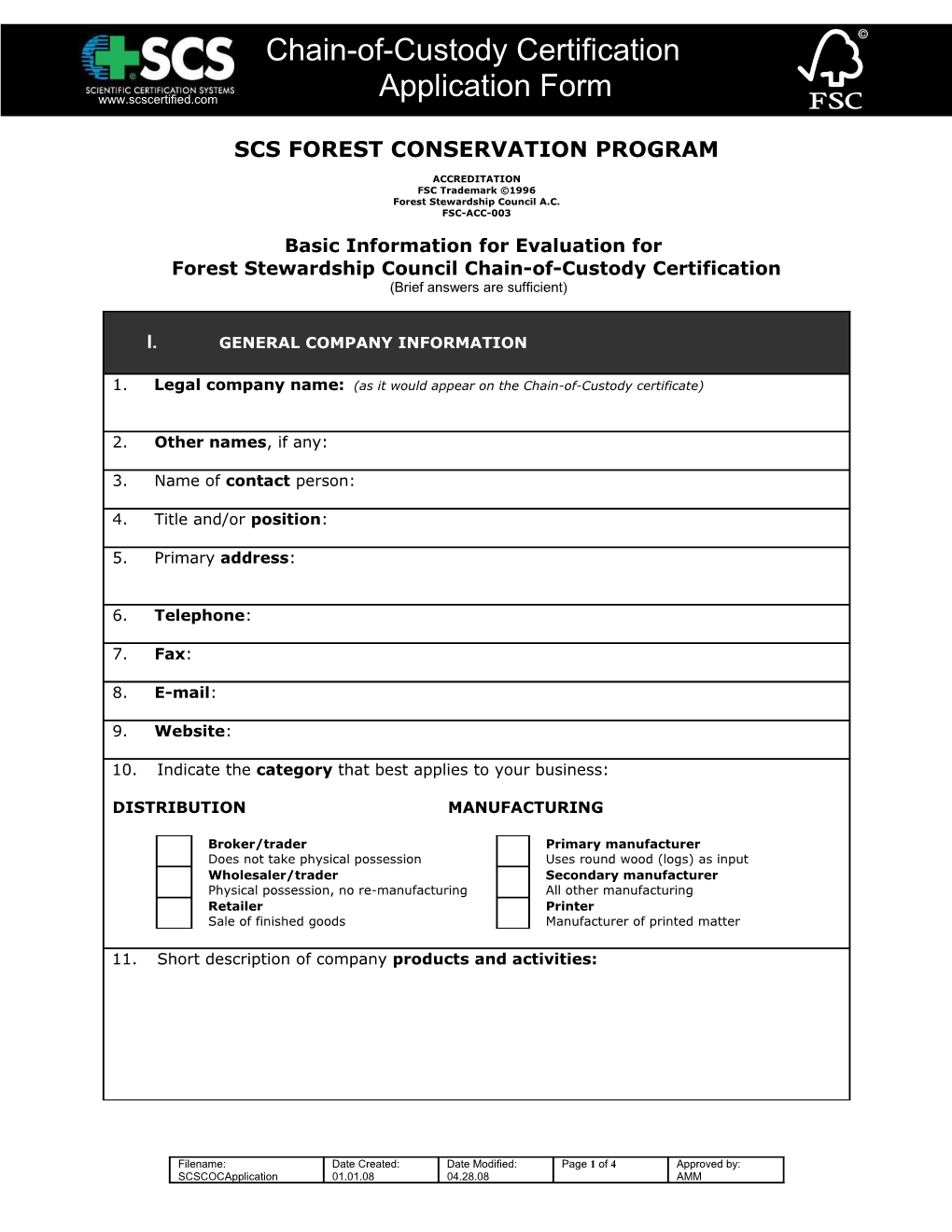 Chain of Custody Application Form