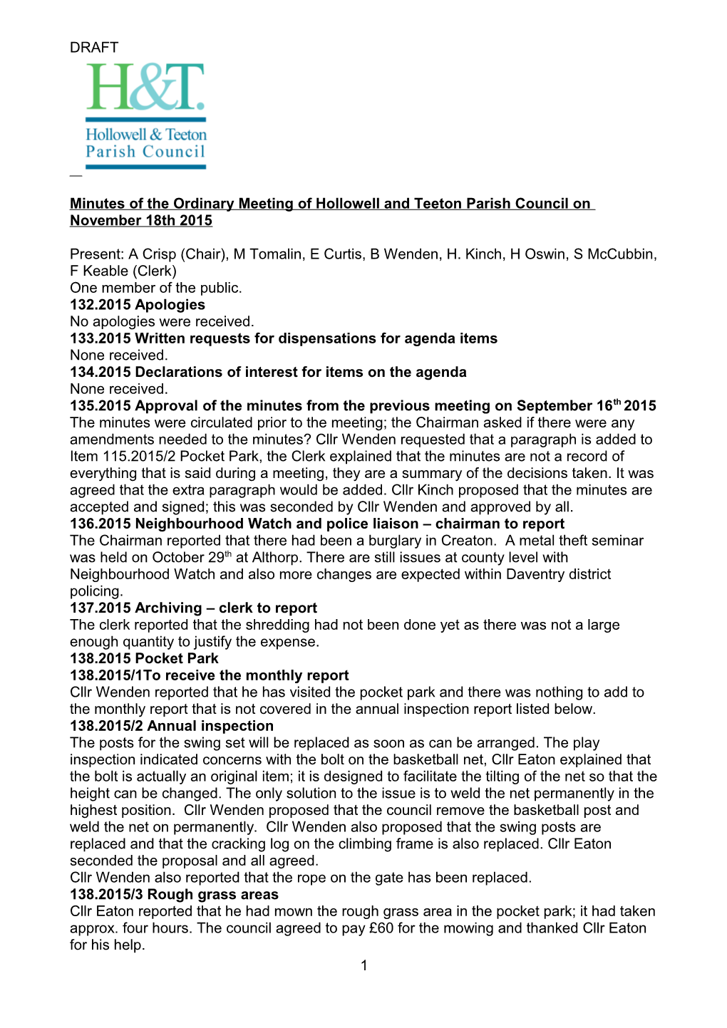 Minutes of the Annual Parish Council Meeting of Hollowell & Teeton Parish Council Held