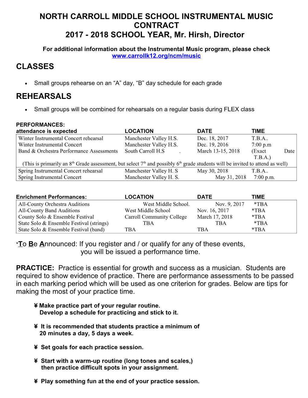 North Carroll Middle School Instrumental Music Contract