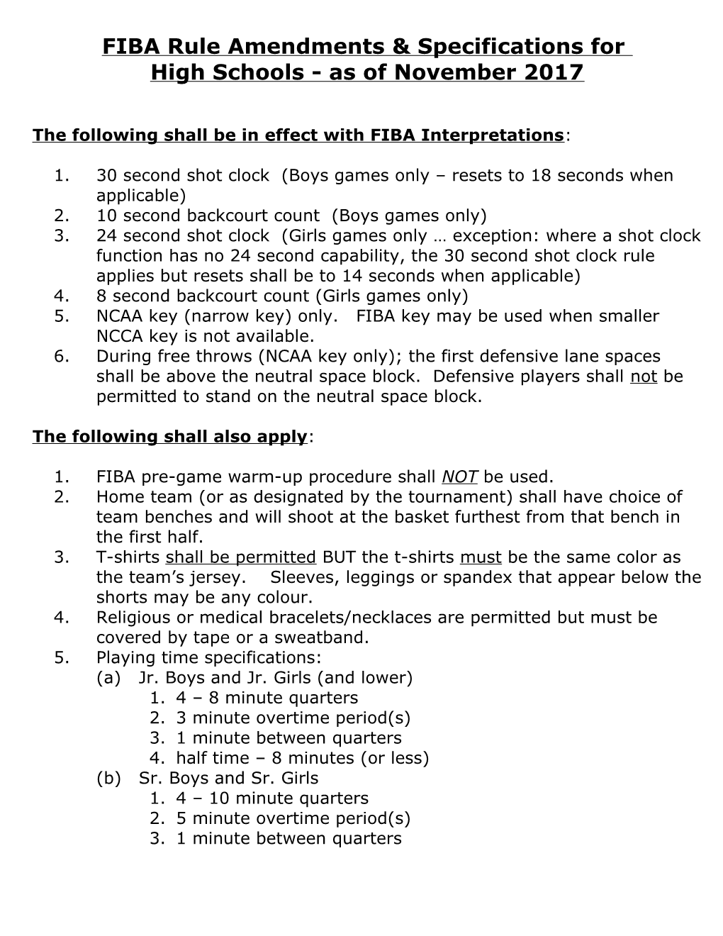 FIBA Rule Amendments & Specifications For